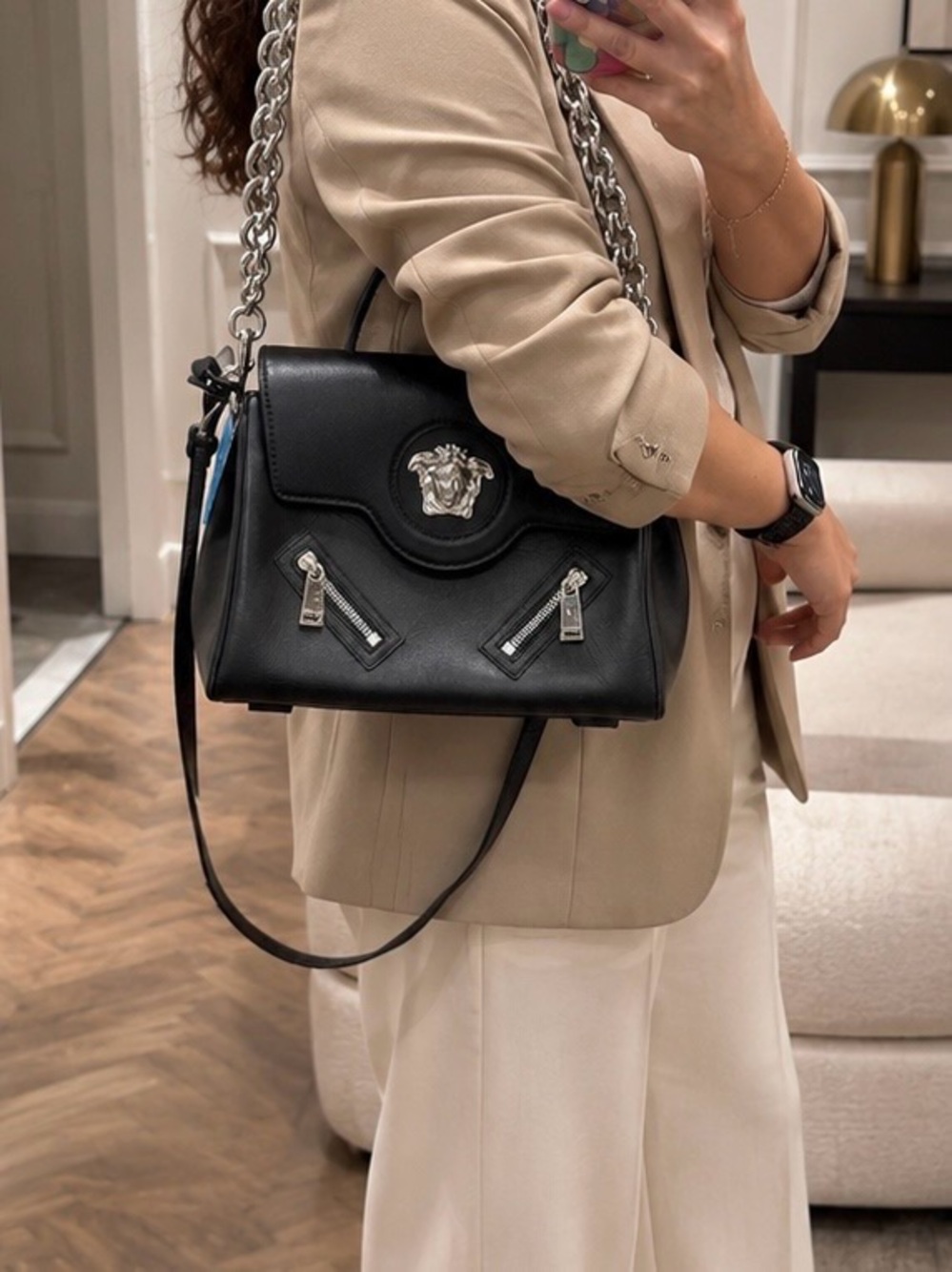 Versace Palazzo Empire Black Leather Top-Handle Satchel with Silver Chain